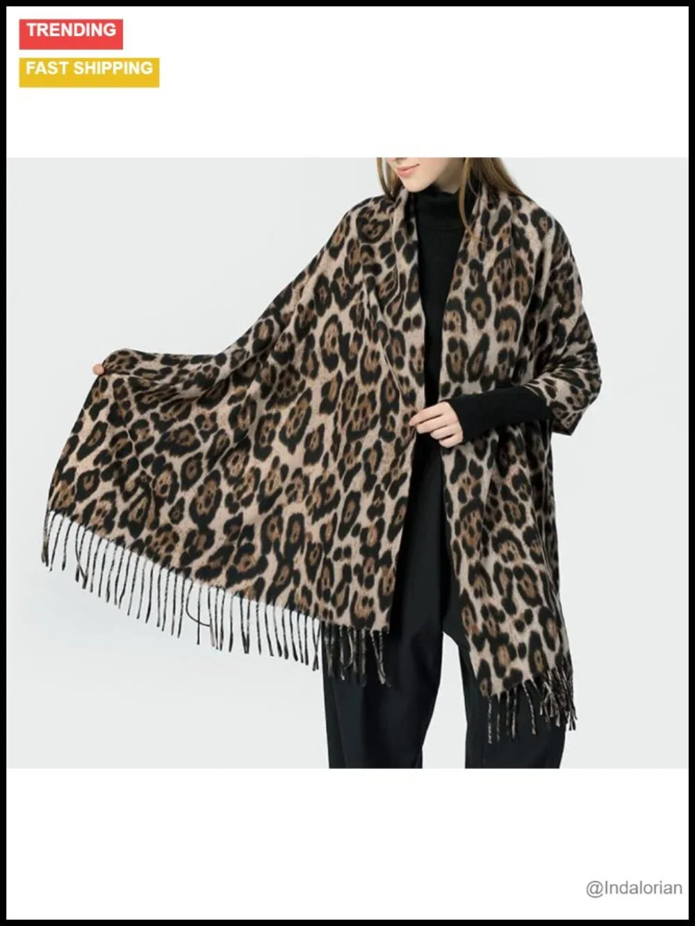 Oversized Leopard Print Scarf with Tassels - Soft Polyester Faux Viscose Winter
